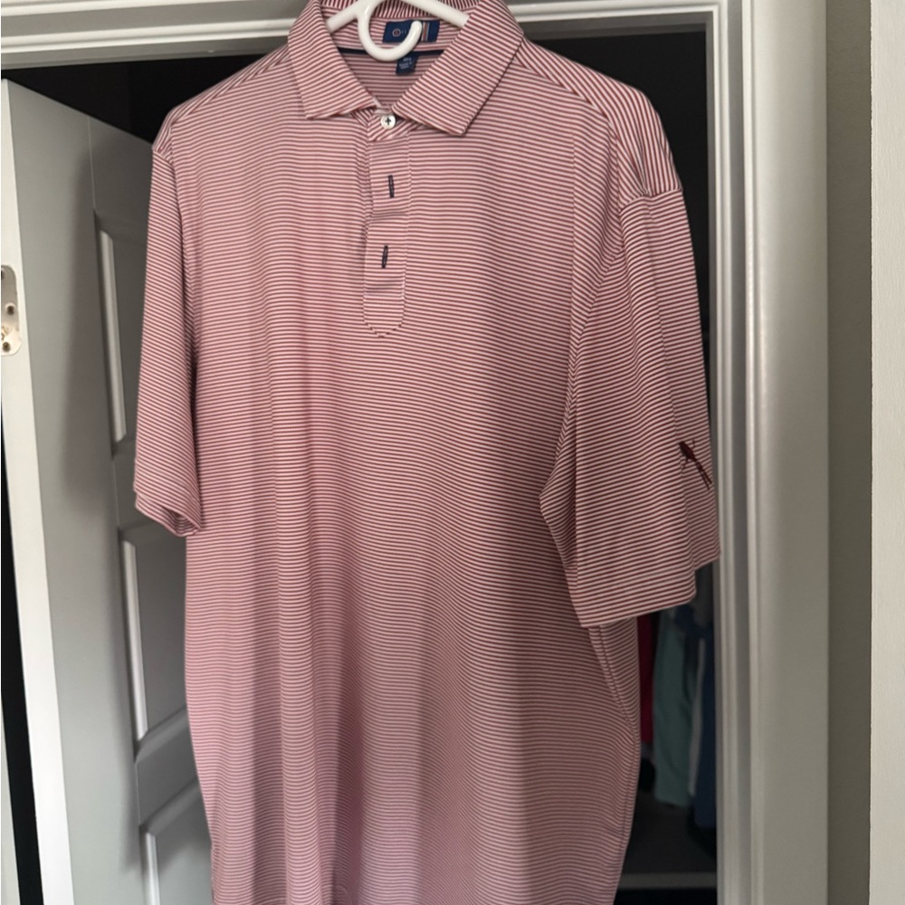 Men's Red and White Striped Polo Shirt